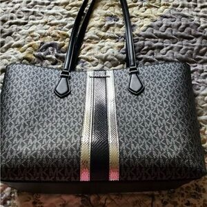 Michael Kors Black and Silver MK Logo Tote with Center Stripe